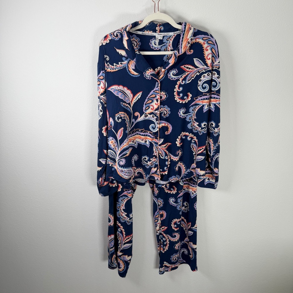 Flora by Flora Nikrooz Womens Pajama Set Large Navy Paisley Button Up Top Pants